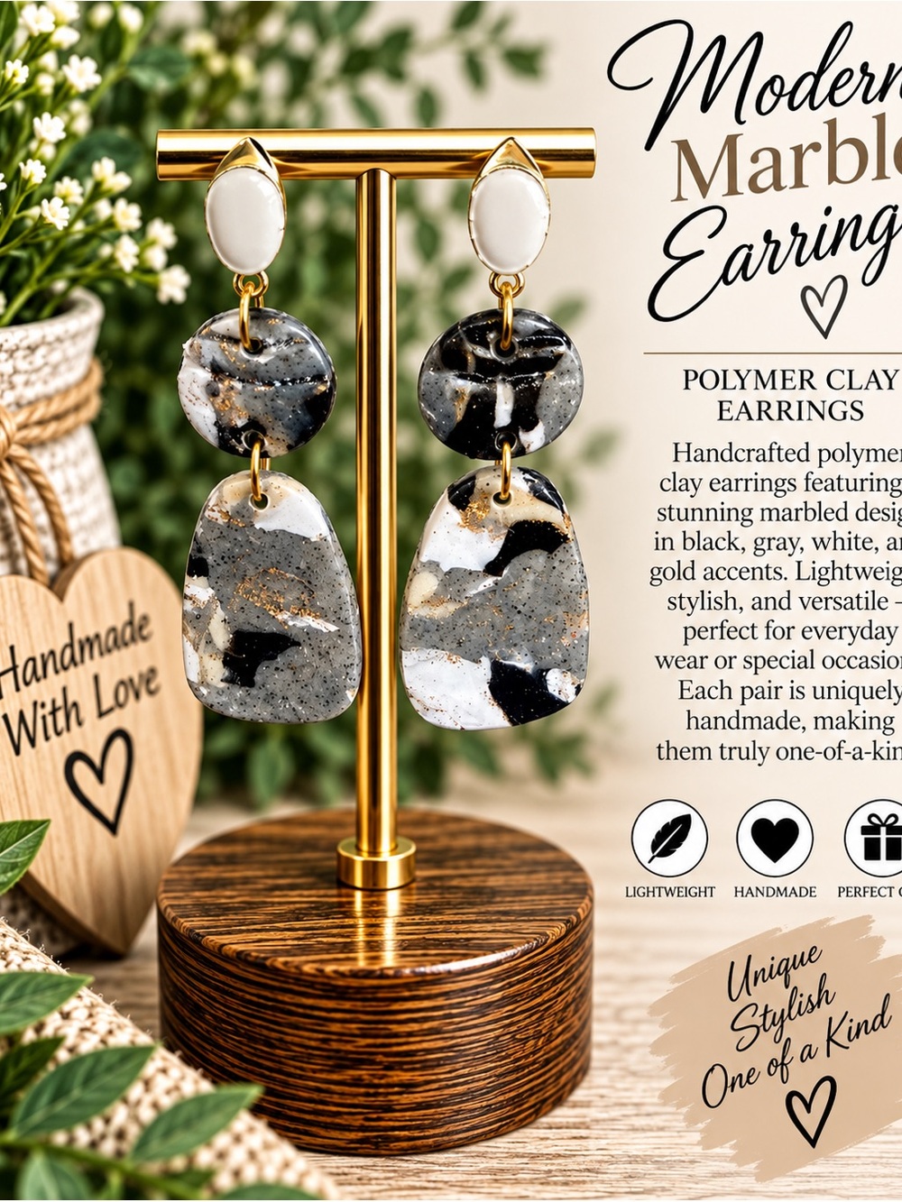 Modern Marble Effect Drop Earrings in Black, Gray & White with Gold Accents